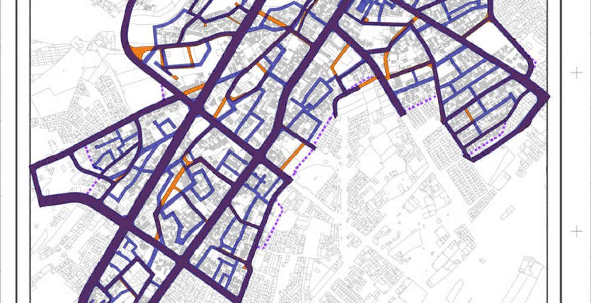 طرح بهسازی و نوسازی بافت فرسوده اسفراین - نقشه چارچوب طراحی شهری - مقایسه ساختار معابر پیشنهادی طرح تفصیلی و طرح بهسازی