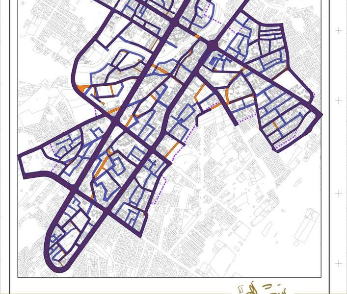 طرح بهسازی و نوسازی بافت فرسوده اسفراین - نقشه چارچوب طراحی شهری - مقایسه ساختار معابر پیشنهادی طرح تفصیلی و طرح بهسازی