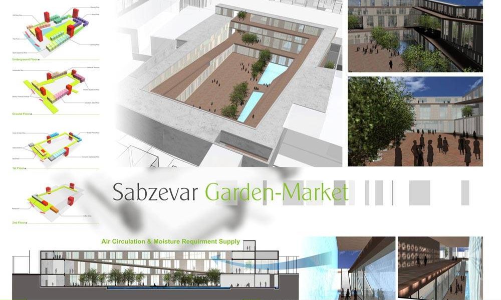 طراحی معماری سه بعدی و مقطع باغ بازار