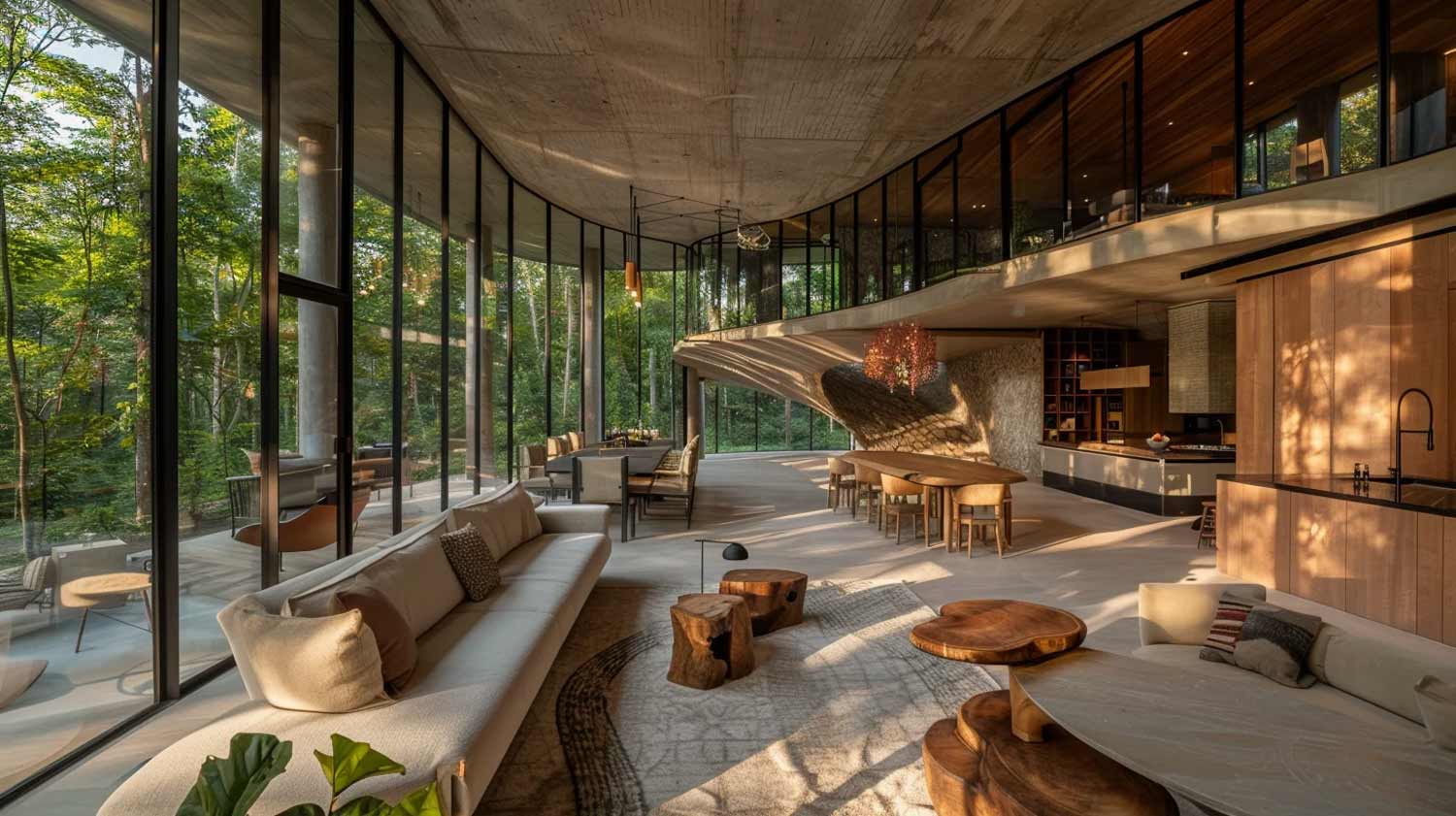 فضای داخلی مدرن با پنجره‌های بزرگ رو به طبیعت؛ نمونه طراحی معماری