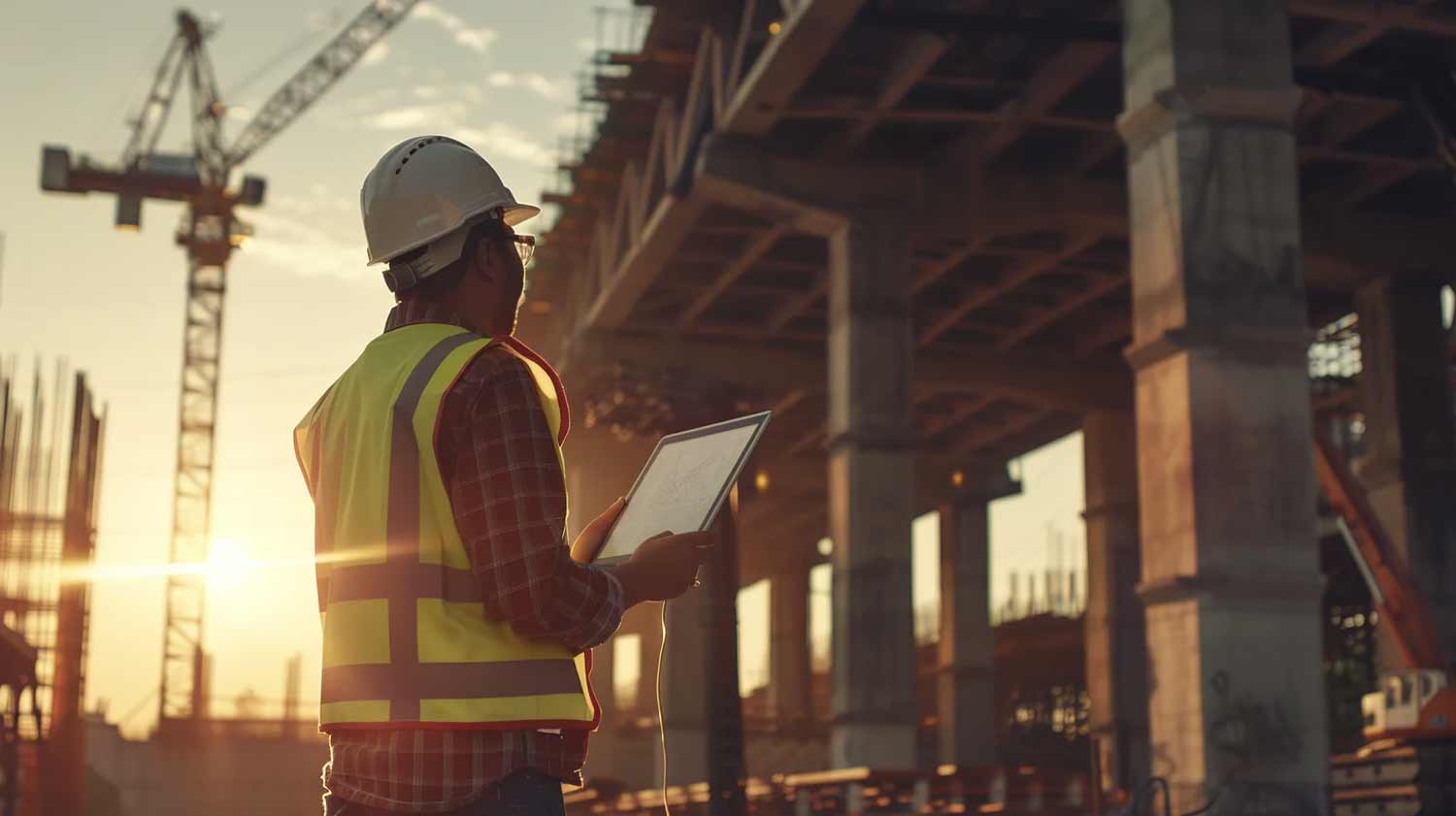 مهندس عمران در حال نظارت بر پروژه ساخت یک پل عظیم
